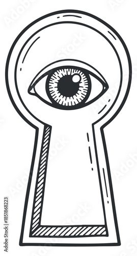 An eye peering through a keyhole in a black outline vector style, perfect for themes of mystery and observation
