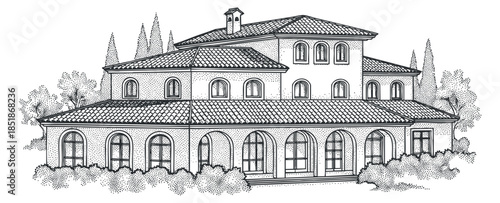 A vintage Italian villa illustration in detailed outline vector style, perfect for architecture and design projects
