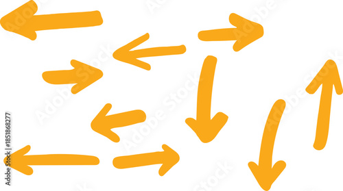 A collection of yellow arrows pointing in different directions on a white background