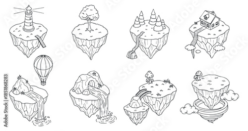 A collection of floating islands featuring a lighthouse, tree, mountains, waterfall, hot air balloon, and house in outline vector style, ideal for fantasy and adventure themes