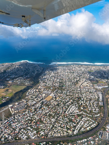 France, aerial view of the city of the city of Saint-Pierre, located on the Reunion Island.