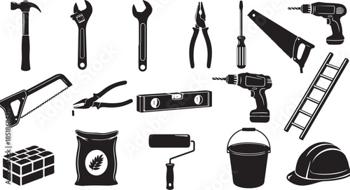 Black silhouette of construction and repair tools