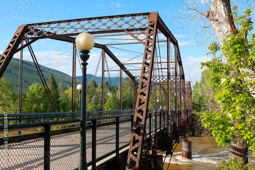 The landmark Van Buren Footbridge over the Clark Fork River in Missoula, Montana.