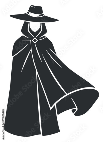 A mysterious cloaked figure wearing a wide-brimmed hat in black and white minimalist vector style, ideal for fantasy-themed projects