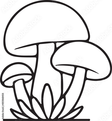 Mushroom illustration silhouette isolated on white. Magic mushroom nature vector silhouette black line contour drawing with funguses.  Cartoon mushroom illustrations, black and white fungi drawing. 