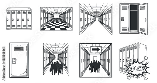 A collection of school lockers and hallways in black and white vector style, ideal for educational themes and designs