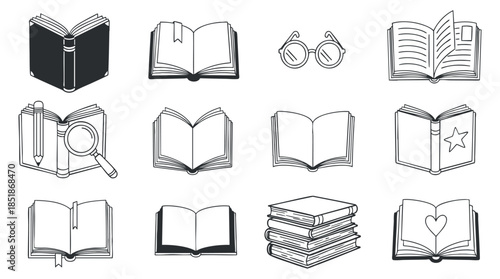 A collection of various book icons including open and closed books, glasses, and stationery in black and white minimalist vector style, suitable for educational and literary projects