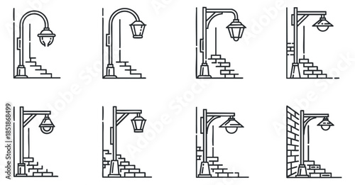 A collection of eight street lamp designs with varied styles and structures in black outline vector format, ideal for urban planning and architectural projects