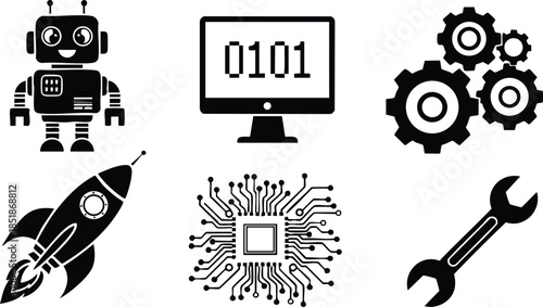 Flat design minimalist black technology icon set with six icons showing robot monitor with binary digits gears rocket microchip and wrench arranged in centered grid layout