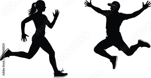 Set of black silhouettes featuring a woman running and a man jumping for joy depicting fitness health and active lifestyle concepts