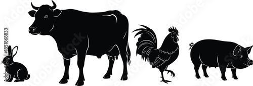 Set of black silhouettes featuring farm animals including a cow pig rooster and rabbit for agricultural livestock and countryside concepts