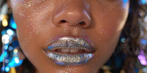 Close-up of woman's face with glittery makeup and lips