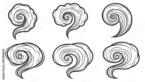 A set of swirling cloud and steam elements in black outline vector style, suitable for creative design projects