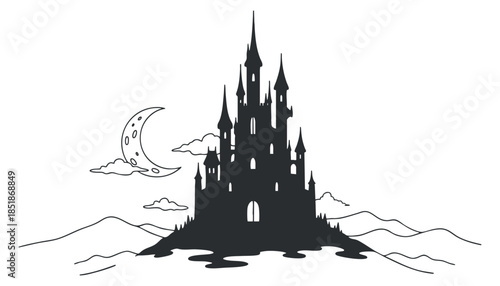 A silhouette of a gothic castle with a crescent moon and clouds in black vector style, perfect for fantasy-themed designs