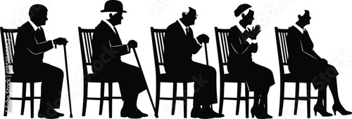 Set of black silhouettes featuring elderly men and women sitting on chairs with walking canes for retirement and aging concepts