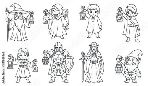 A collection of fantasy characters including a wizard, knight, girl, and dwarf, in black and white outline vector style, ideal for children's book illustrations