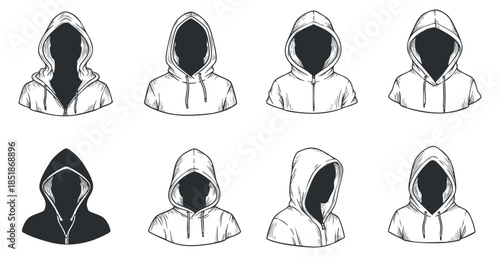 A collection of hoodie designs in black and white minimalist vector style, suitable for fashion branding and apparel design