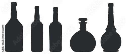 A collection of five various bottle silhouettes in black vector style, ideal for beverage branding and packaging design