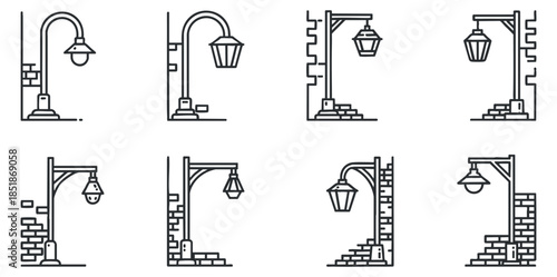 A collection of street lamp designs in black and white outline vector style, ideal for urban-themed projects and illustrations