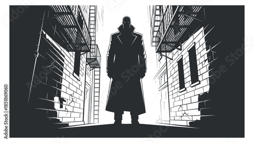 A silhouette of a mysterious man in a long coat standing in a dark urban alley, in black and white vector style, ideal for graphic novels or storytelling.