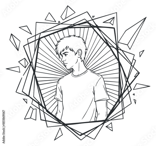A profile illustration of a young boy within a geometric frame in black and white outline vector style, suitable for modern graphic design projects