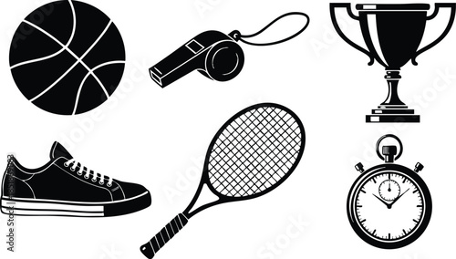 Flat design black sports icon set basketball whistle trophy sneaker tennis racket stopwatch isolated on white background simple bold silhouette icons side view vector art monochrome