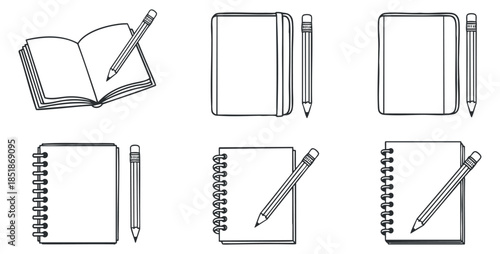 A collection of various notebook and pencil illustrations in black and white outline vector style, ideal for educational materials and stationery design