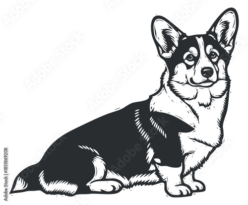 A stylized illustration of a corgi dog in black and white vector style, perfect for pet-themed designs