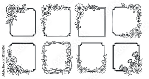 A collection of hand-drawn floral frames and borders in black and white vector style, ideal for invitations and decorations