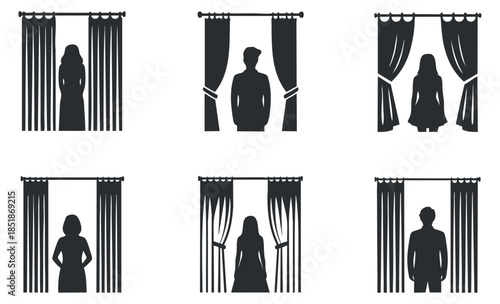 A set of silhouetted figures behind curtains in black and white minimalist vector style, ideal for interior design and decoration projects
