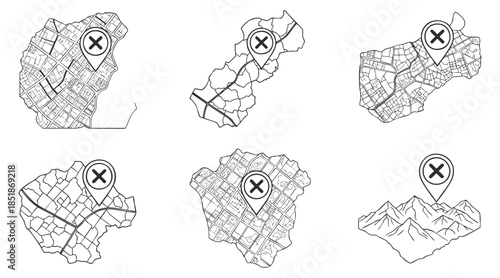 A collection of six map outlines with location pins in geometric black and white vector style, suitable for navigation and travel illustrations