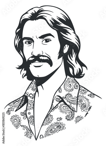 A stylish man with a mustache and long hair in black and white outline vector style, perfect for retro-themed projects
