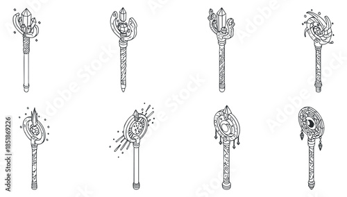A collection of magical wands with intricate designs in outline vector style, suitable for fantasy-themed projects or illustrations