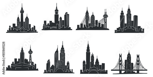 A collection of city skyline silhouettes featuring various iconic buildings and towers in black and white vector style, ideal for urban design projects