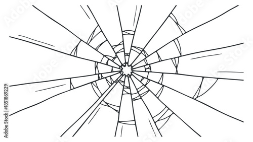 A shattered glass design with radial lines in a minimalist black and white vector style, ideal for artistic projects and modern graphics