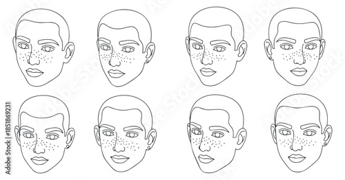 A collection of eight diverse minimalist line art portraits featuring faces with different expressions and freckles, perfect for modern graphic design projects