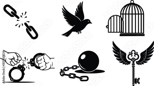 Flat silhouette vector icons showing broken chain link dove flying out of open cage hands breaking shackles ball and chain winged key symbolizing liberation and freedom