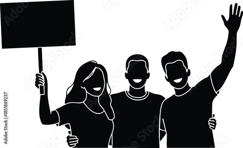Silhouette vector three people holding a blank sign waving raised hand side by side with arms around facing viewer in bold black and white minimal composition