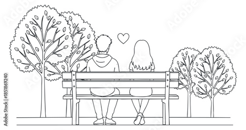 A couple sitting on a bench in a park surrounded by trees in minimalist line art style, perfect for romantic themes and illustrations