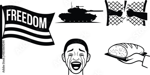 Flat design political icon set showing freedom flag waving military tank silhouette hands tearing fence offering bread crying face expressing protest and hunger despair resistance solidarity