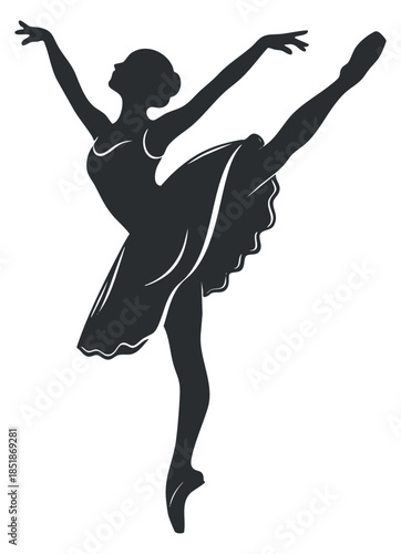A silhouette of a graceful ballet dancer in an elegant pose in black and white vector style, perfect for dance-related projects