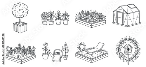 A collection of gardening elements including trees, plants, pots, a greenhouse, and garden tools in black and white vector style, perfect for gardening themes and eco-friendly designs