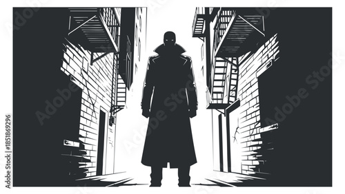 A mysterious figure in a long coat standing in a dark urban alley in dramatic black and white vector style, perfect for graphic novels or storytelling.