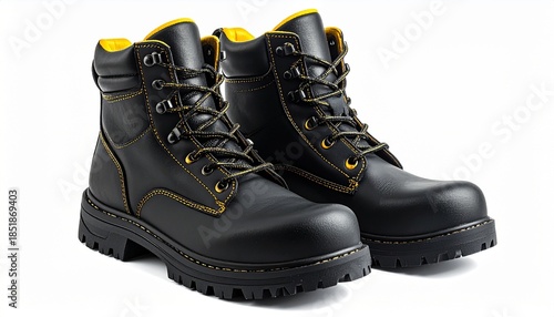 Black safety boots with yellow details and rugged soles, durable footwear for industrial and construction work.