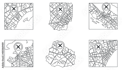 A set of map illustrations featuring location pins on various city layouts in minimalist outline vector style, ideal for navigation and mapping applications