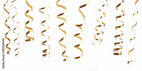Golden streamers and ribbons cascading down on a pure white background