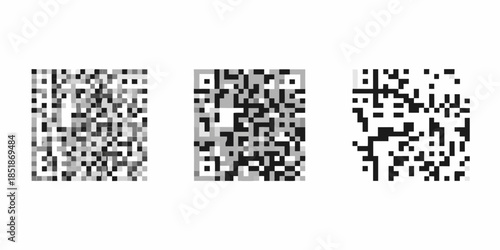 Three distinct grayscale qr codes presented side by side on a white background