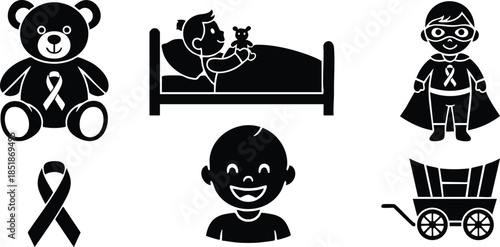 Flat design silhouette icon set of child health symbols teddy ribbon sleeping child holding toy superhero child with mask smiling child baby carriage black vector icons