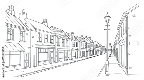 A linear outline illustration of a quaint town street with shops and houses in minimalist vector style, suitable for urban design projects