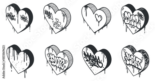 A collection of eight graffiti-style hearts with various designs and textures in black and white vector style, ideal for street art projects and modern design applications